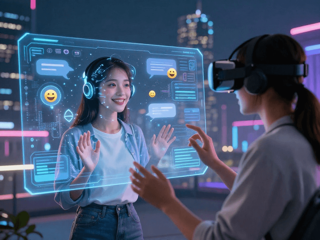 Engaging interaction with an AI girlfriend in a vibrant digital setting