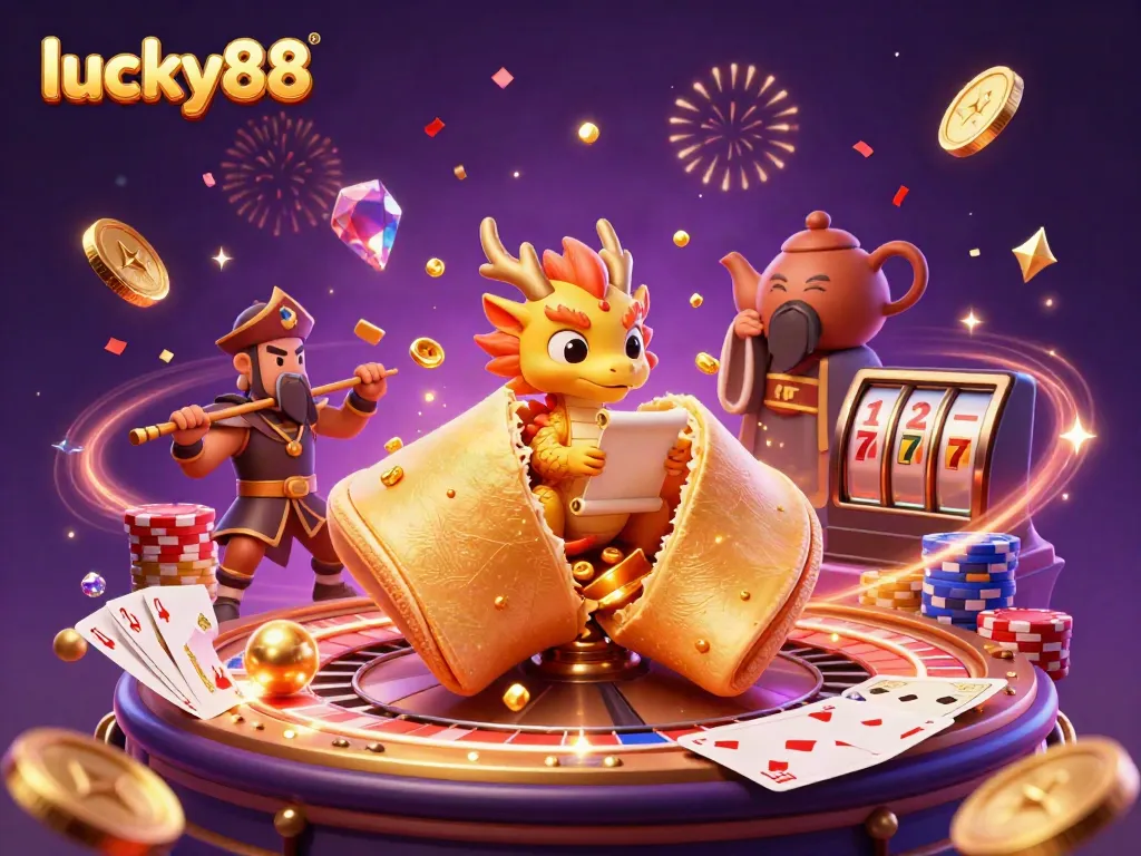 Experience thrilling wins at lucky88 with a vibrant casino scene featuring a golden fortune cookie and dynamic game elements.