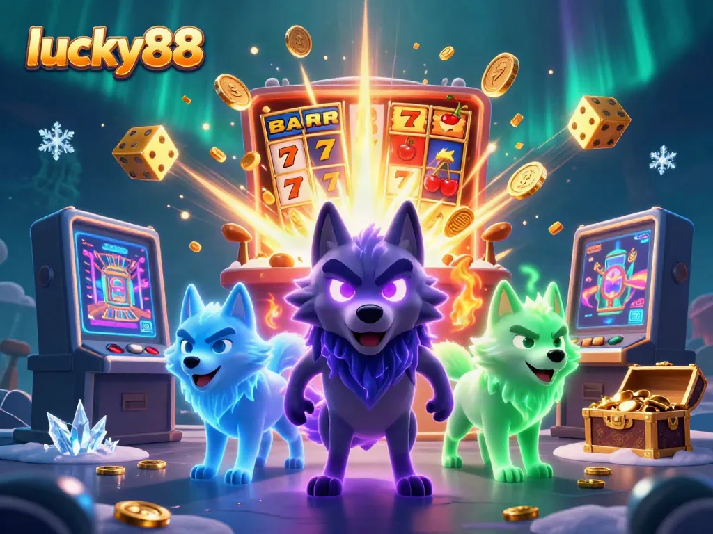 Experience the thrill of lucky88 with vibrant slot machines and mystical wolf characters in this 3D casino scene.