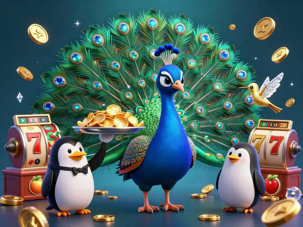 Experience Casinos not on Gamstop with vibrant gaming elements, including a peacock and holographic slot reels.
