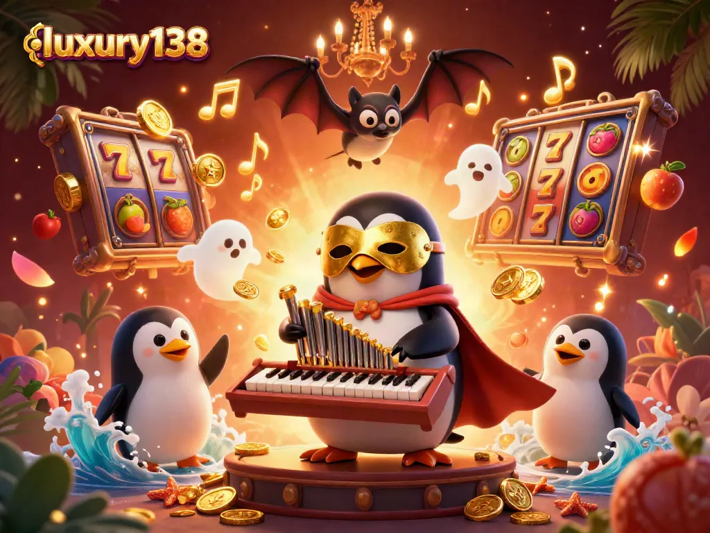 Experience luxury138 thrills with a captivating casino scene featuring a golden penguin and immersive gaming elements.