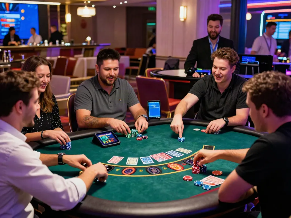 Players enjoying dynamic blackjack game at 11bet online casino, vibrant atmosphere with colorful chips and cards.