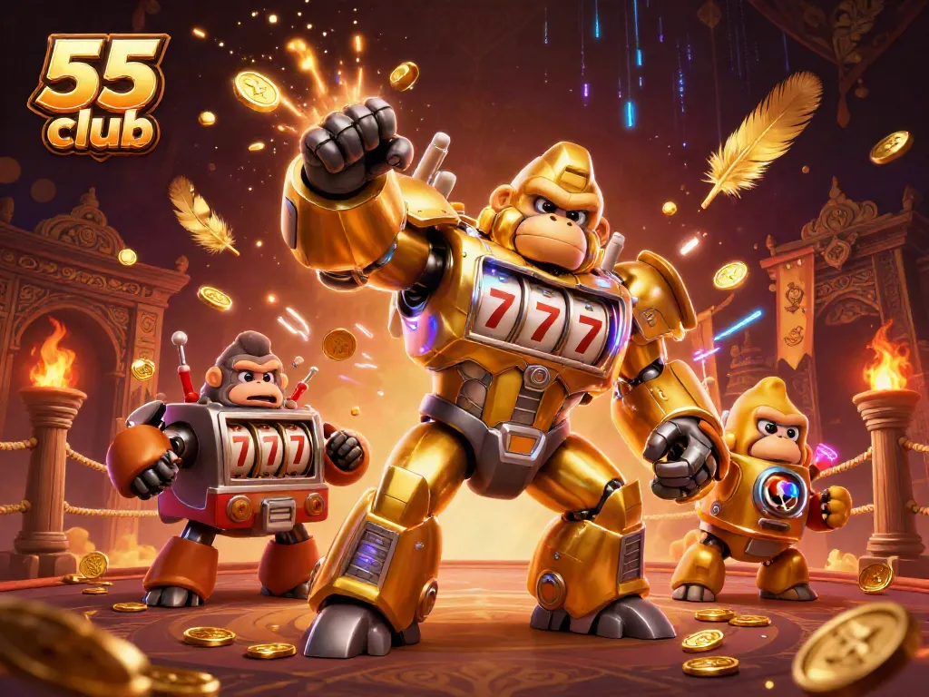 Catch thrilling action with 55 club's vibrant gaming scene featuring a golden gorilla mech and coins!