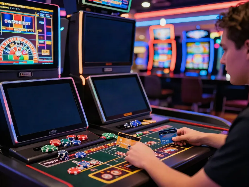 Player using Mastercard at a lively online casino with various games and vibrant atmosphere