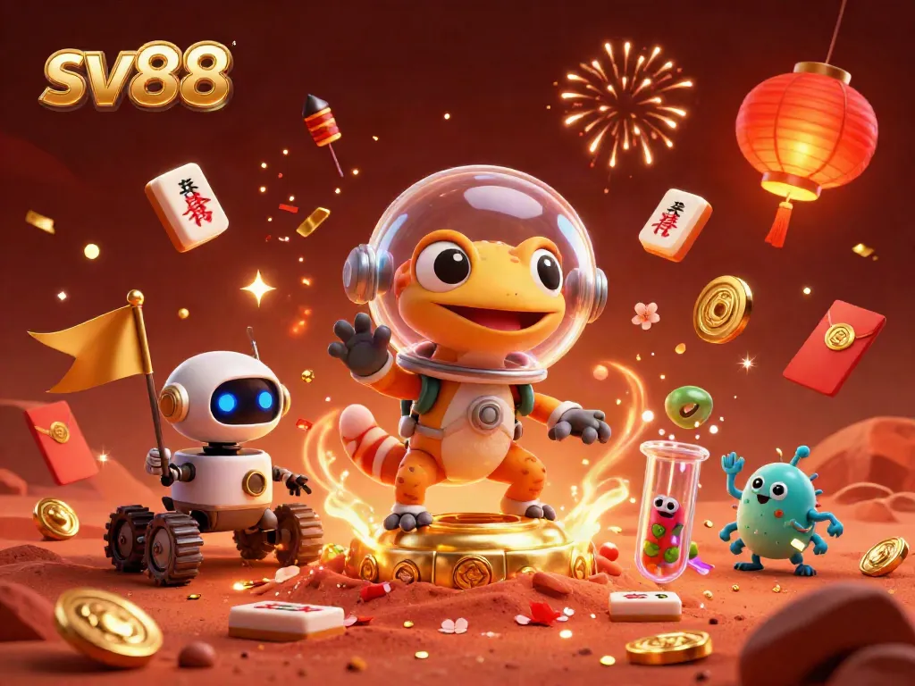 Experience sv88's thrilling casino adventure with a Martian gecko discovering treasures in a colorful alien landscape.