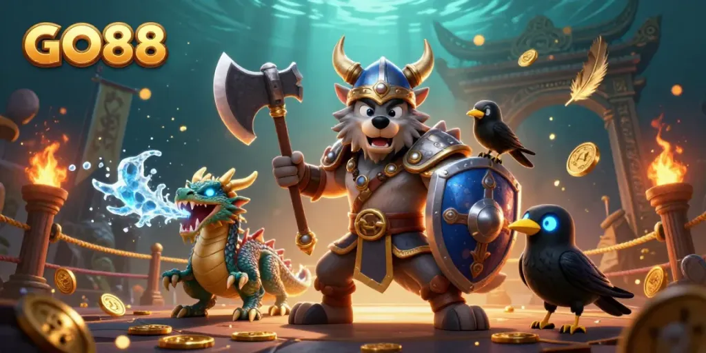 Experience GO88's vibrant 3D Viking wolf warrior as he battles alongside a fierce dragon in a dynamic casino-themed scene.
