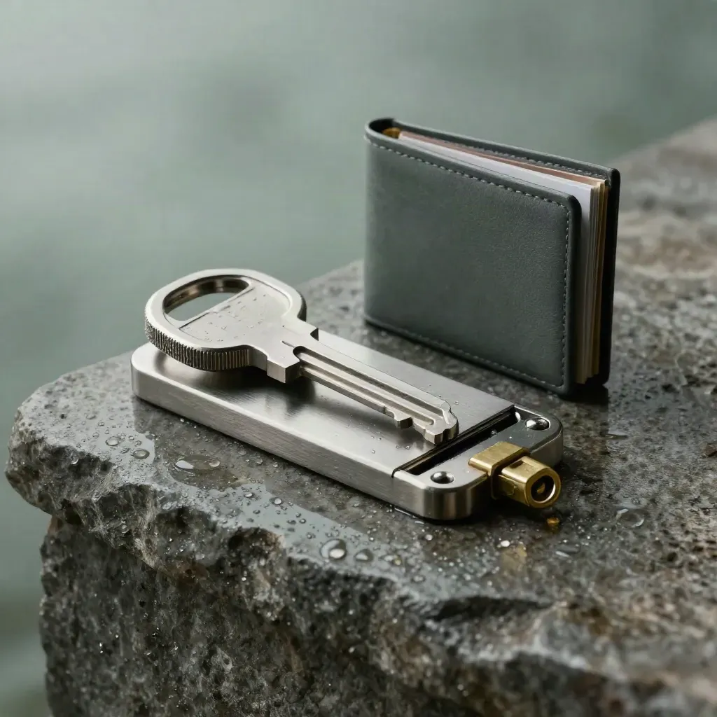Titanium security key docked in a vault cradle beside SSD and wallet on damp stone.