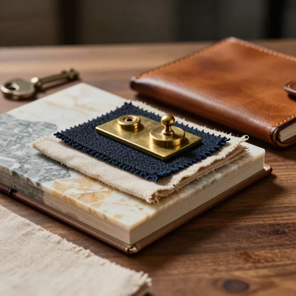 Stone samples, fabric swatches, brass weights and a leather folio on a walnut bench in dramatic light