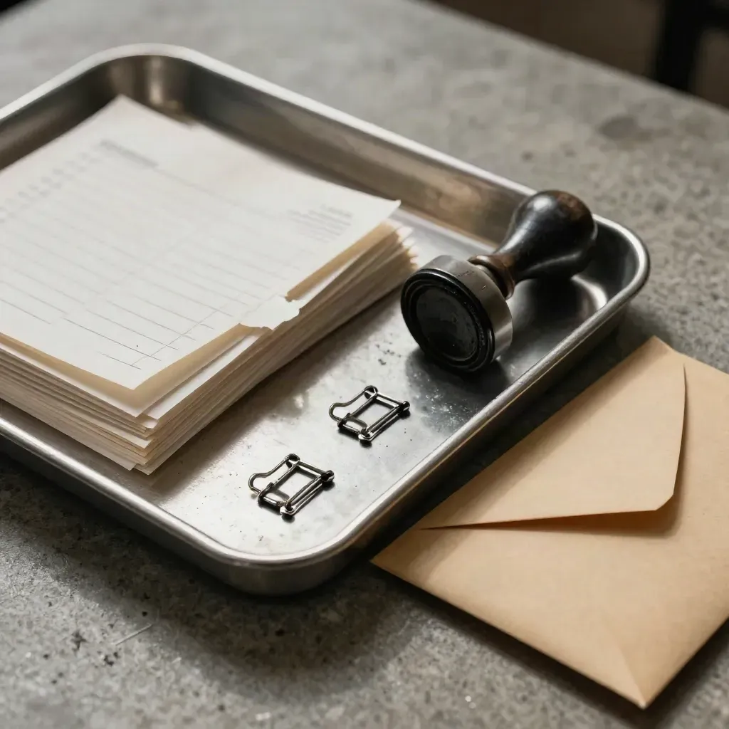 Silver receipt tray with stamp, ledger clips, and cash envelope on a stone surface
