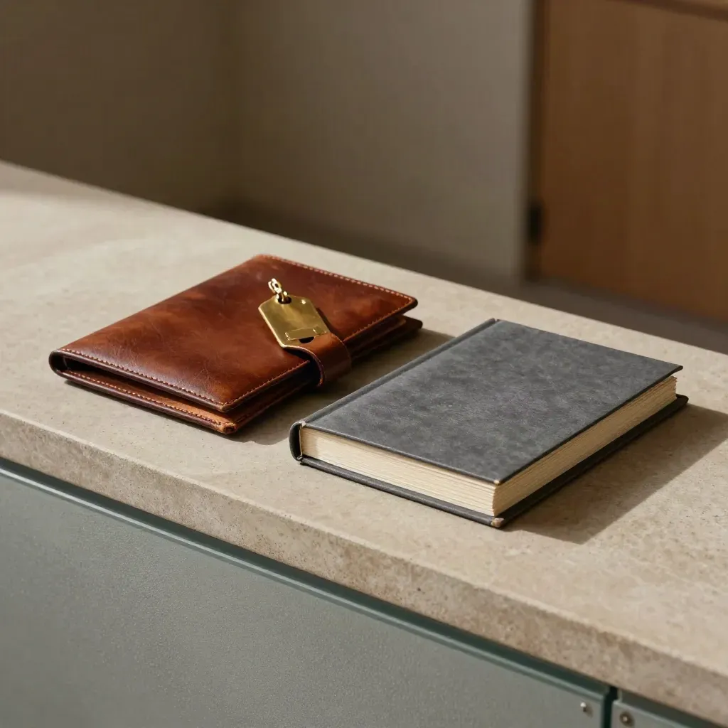 Sealed evidence wallet, brass archive tag and clipped case bundle behind frosted glass