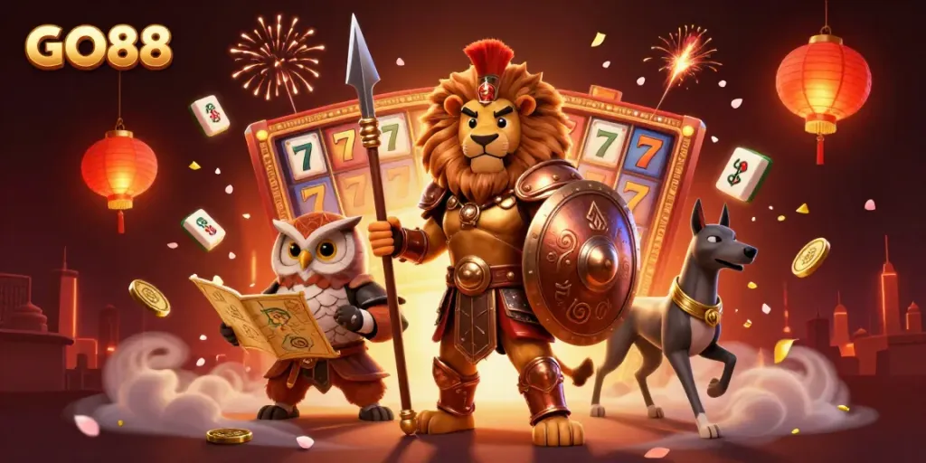 Engage in thrilling gaming experiences at GO88 with an exciting 3D casino scene featuring vibrant characters and dynamic game elements.
