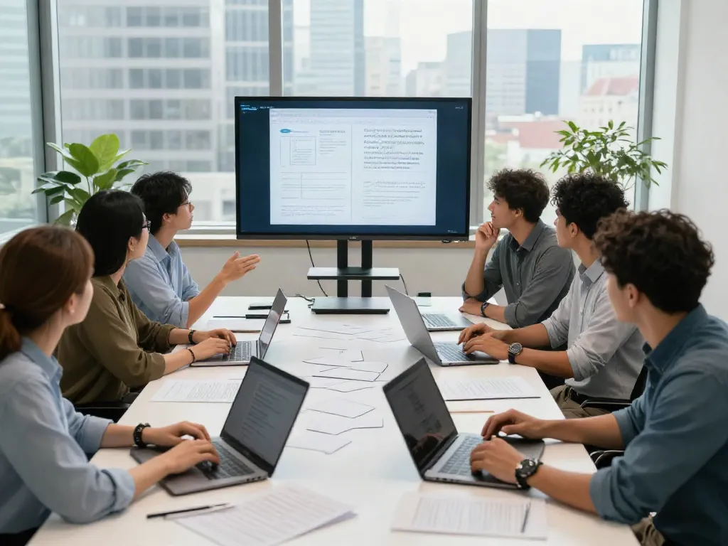 Team collaborating in a professional office setting, highlighting teamwork and reference materials.