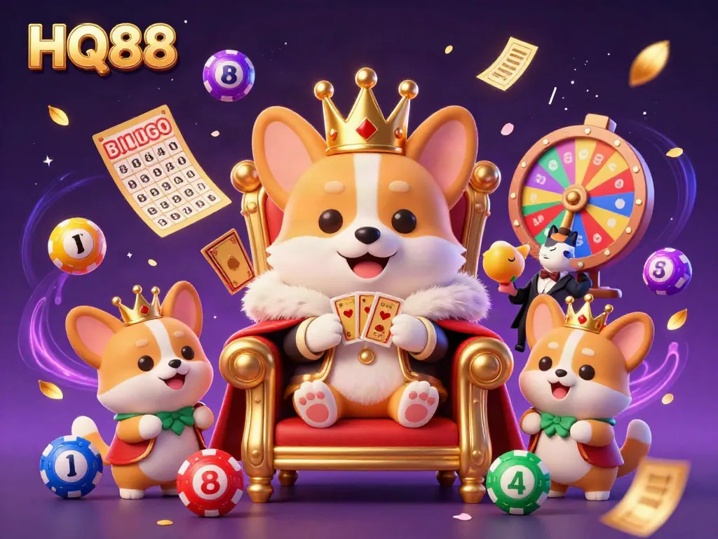 Experience the excitement of HQ88 with a royal corgi surrounded by vibrant gaming elements.