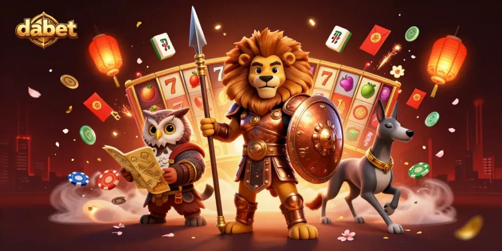 Spin the reels of dabet while enjoying a vibrant casino scene with dynamic characters and lively slot elements.