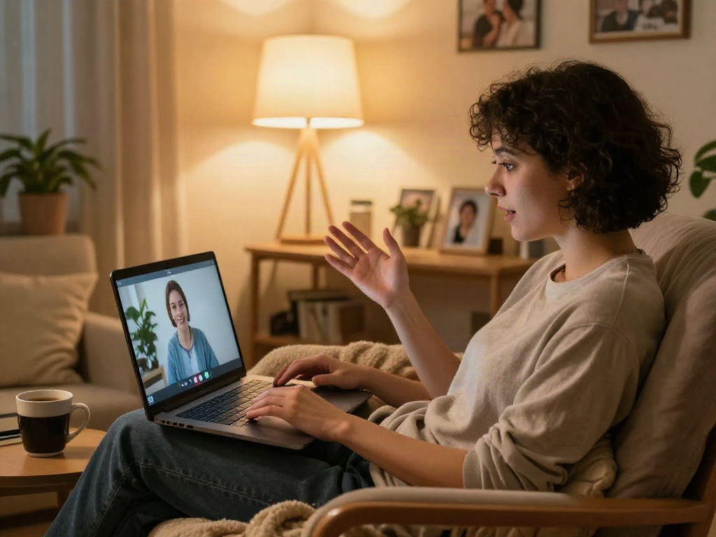 Engaging sex chat ai conversation in a cozy home office with inviting decor.