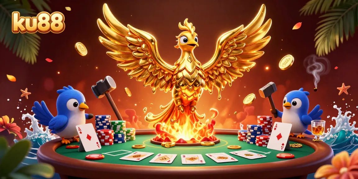 Engage with ku88's thrilling casino experience featuring a golden phoenix and poker elements.