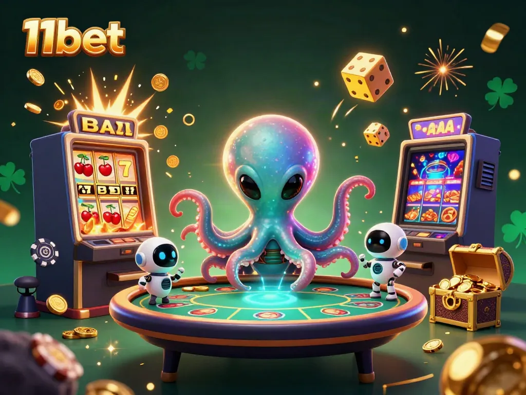 Experience thrilling gameplay at 11bet with an alien octopus mastering poker in a vibrant casino scene.