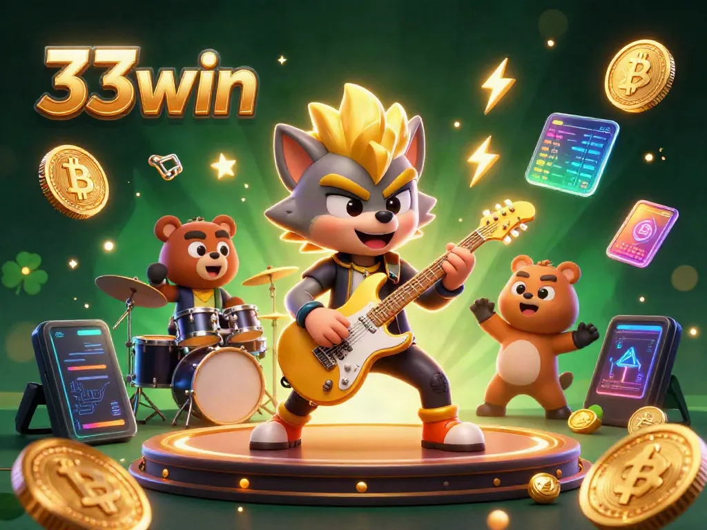 Rock star wolf performs on stage at 33win casino, surrounded by cryptocurrency elements.