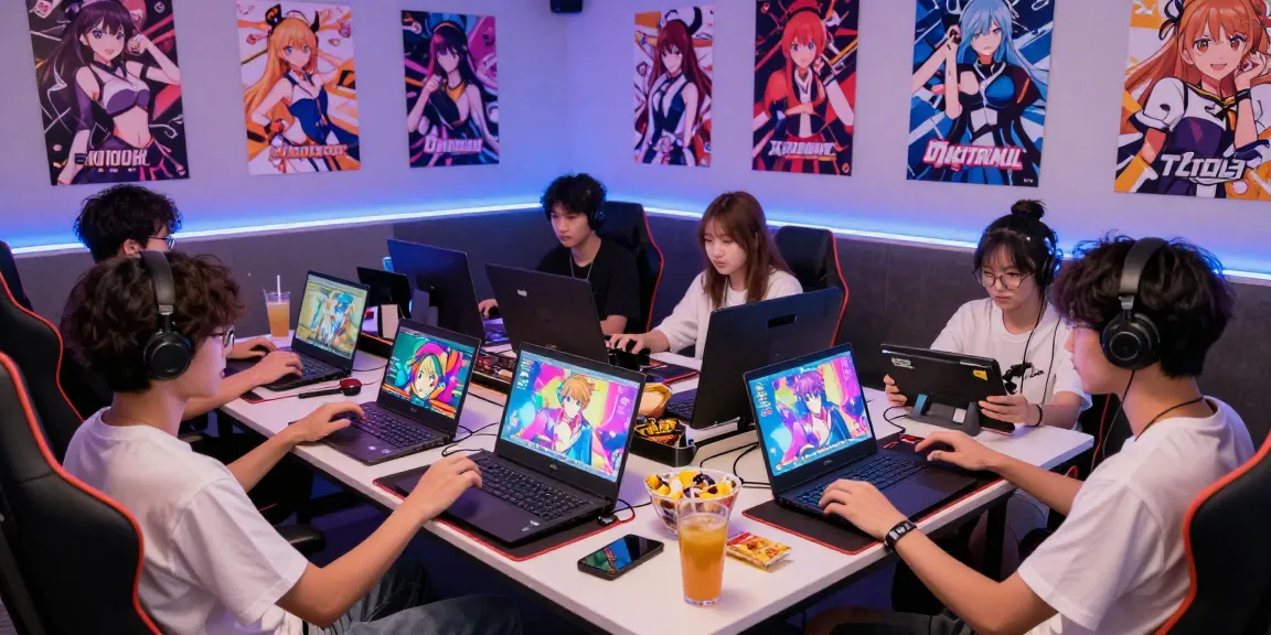Group enjoying ero games on multiple devices in a vibrant gaming lounge.