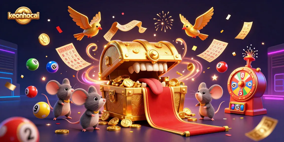 Engage with keonhacai's lively lottery scene featuring colorful elements and a golden treasure chest.