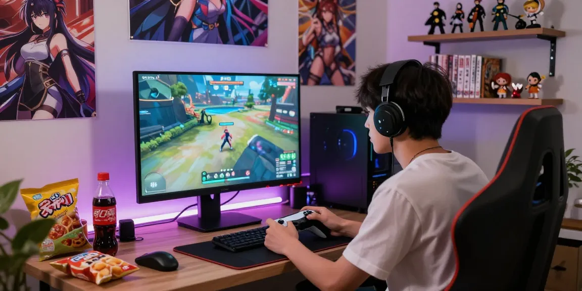 Player enjoying an immersive experience with AI hentai games in a cozy gaming setup, filled with anime decor and vibrant visuals.