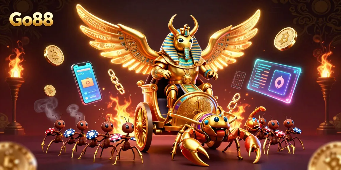 Go88 promotes exciting gameplay with a colossal golden scarab beetle amidst a casino environment