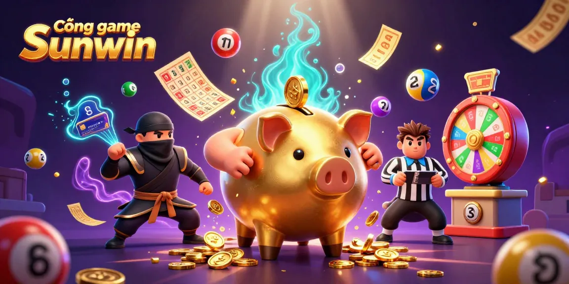 Cổng game Sunwin showcases a dynamic 3D illustration featuring gaming characters in action surrounded by lottery elements.