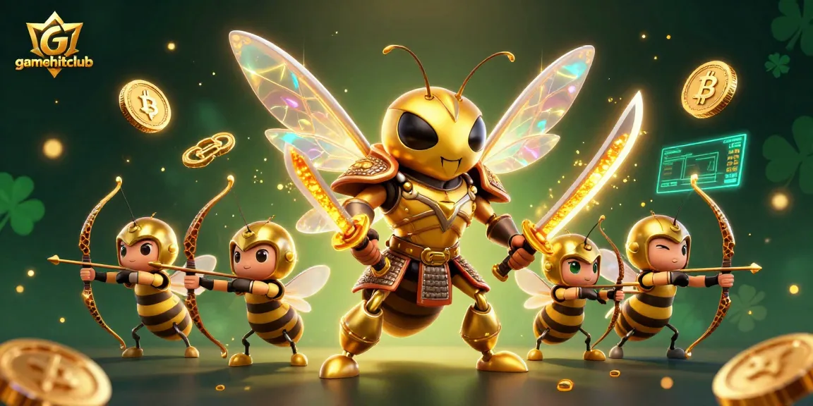 Engage with gamehitclub's vibrant casino scene featuring a golden hornet and digital currencies.