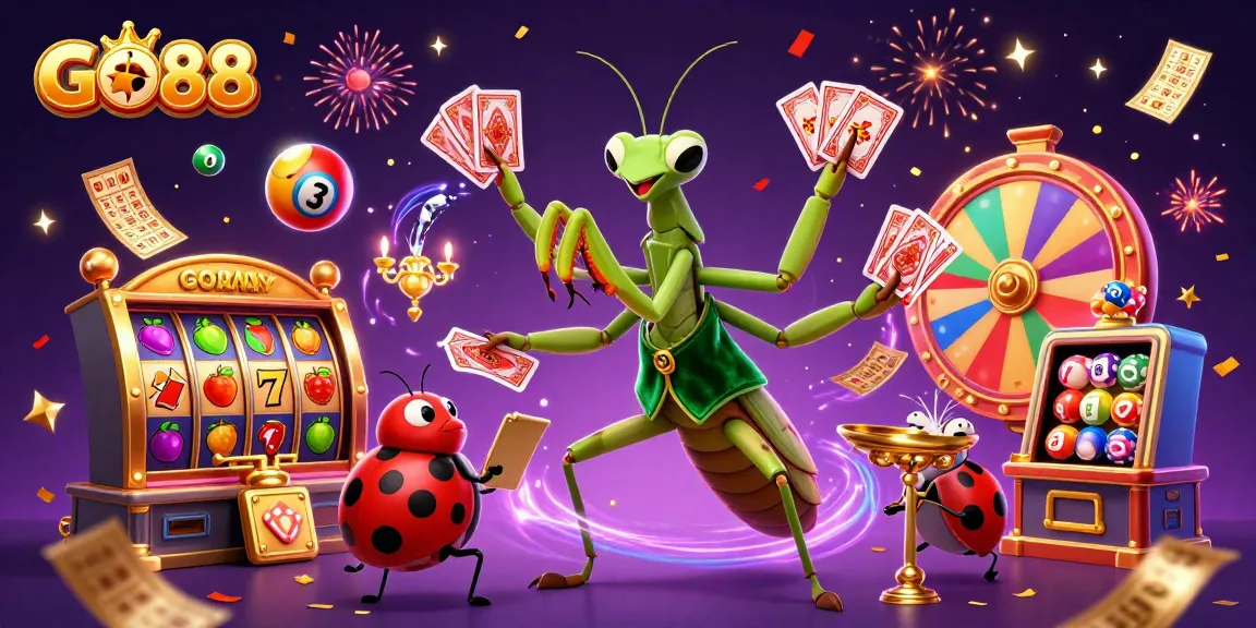 Experience GO88 thrills with a lively praying mantis dealer, a ladybug pit boss, and spinning slot reels.