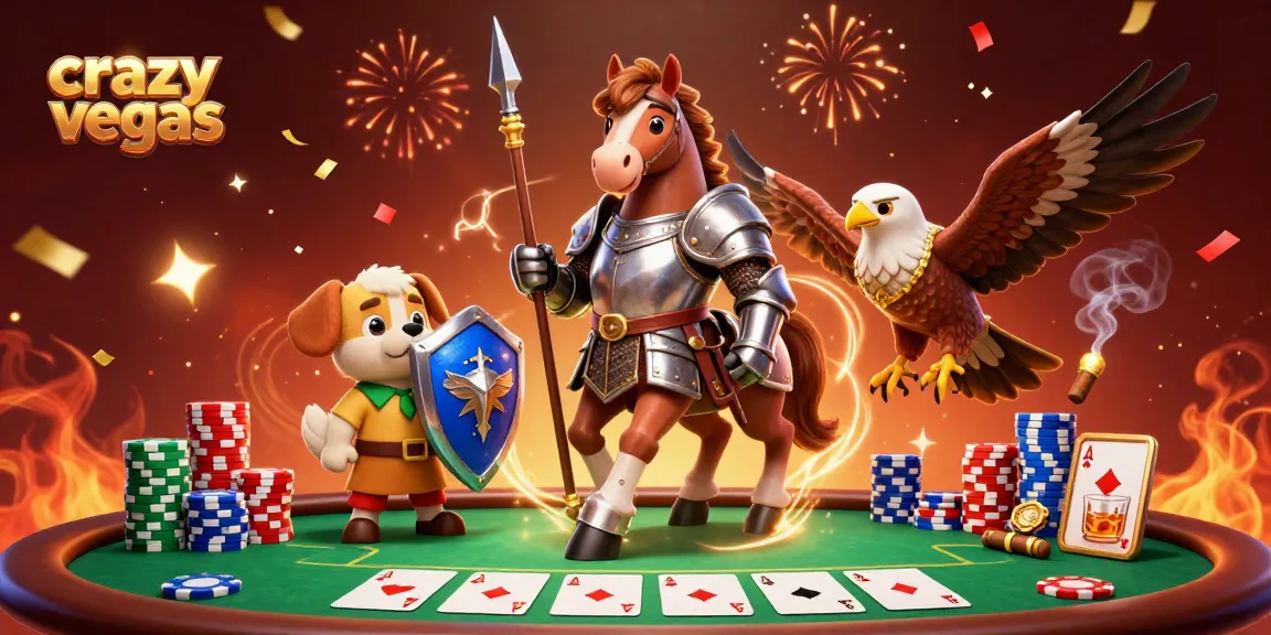 Engage with the action at crazyvegas in this vibrant casino scene with knights, poker chips, and fireworks.