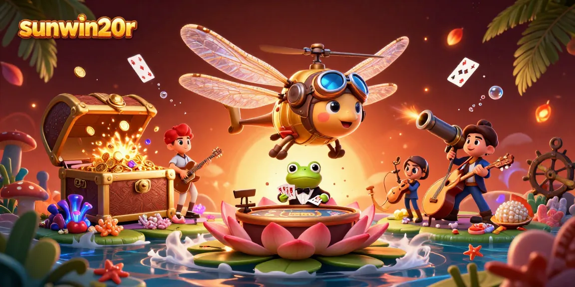 sunwin20r brings excitement with a dragonfly pilot and frog croupier in a vibrant casino scene