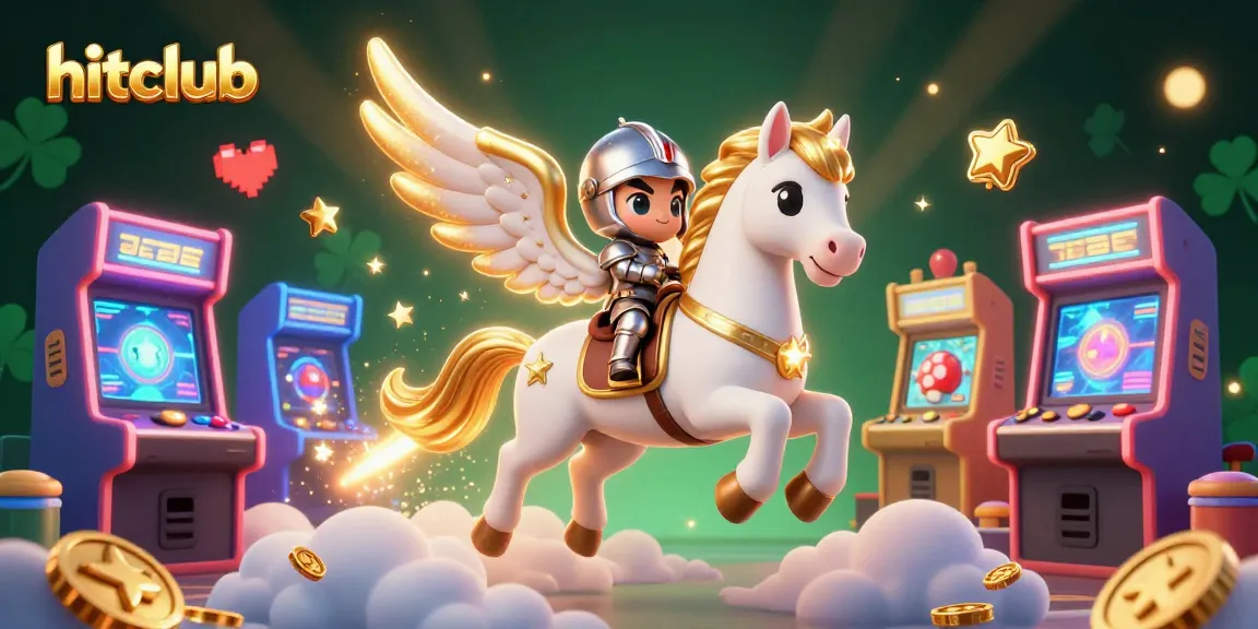 Join the fun at hitclub with a vibrant 3D casino-themed illustration of a celestial horse and knight amidst dynamic gaming elements.